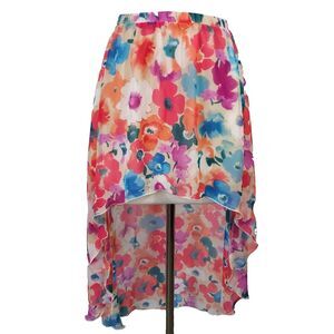 Three Ena High Low Chiffon Skirt Size Medium Watercolor Floral Elastic Waist